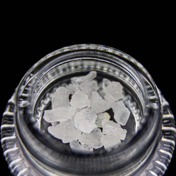 Close up Macro Shot of THCa Diamond Concentrate from Boom. Clear Crystal Appearance