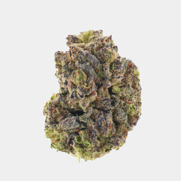 Birthday Cake Premium THCa flower from BOOM, showcasing frosty trichomes, purple hues with sweet, Vanilla aroma