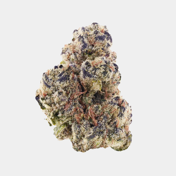 Black Truffle THCa flower from BOOM, dense buds with trichome-rich purple colored buds, with a distinctive tea like aroma